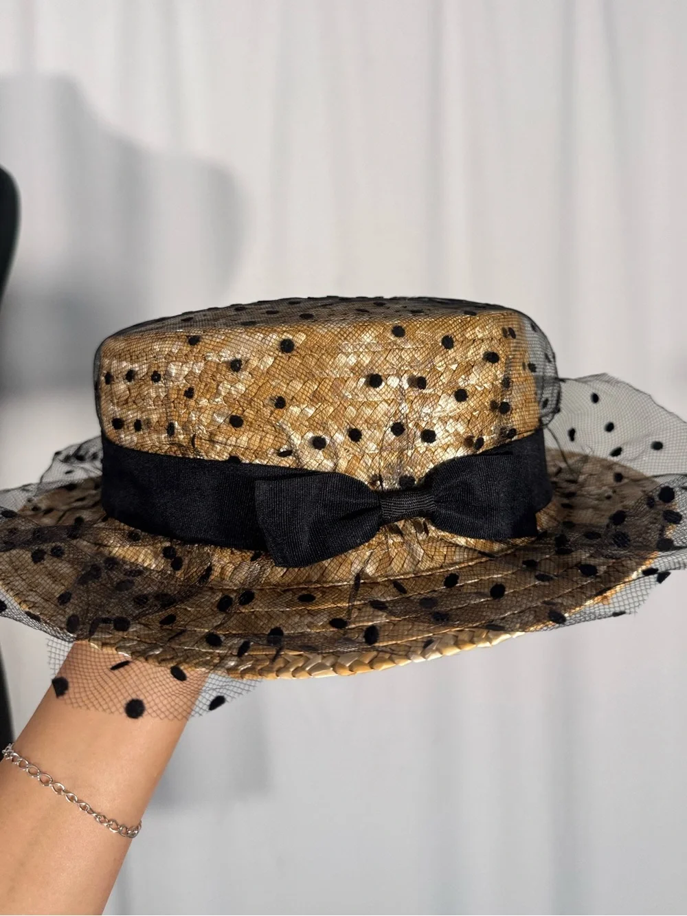 Vintage Style Polka Dot Tulle Straw Hat